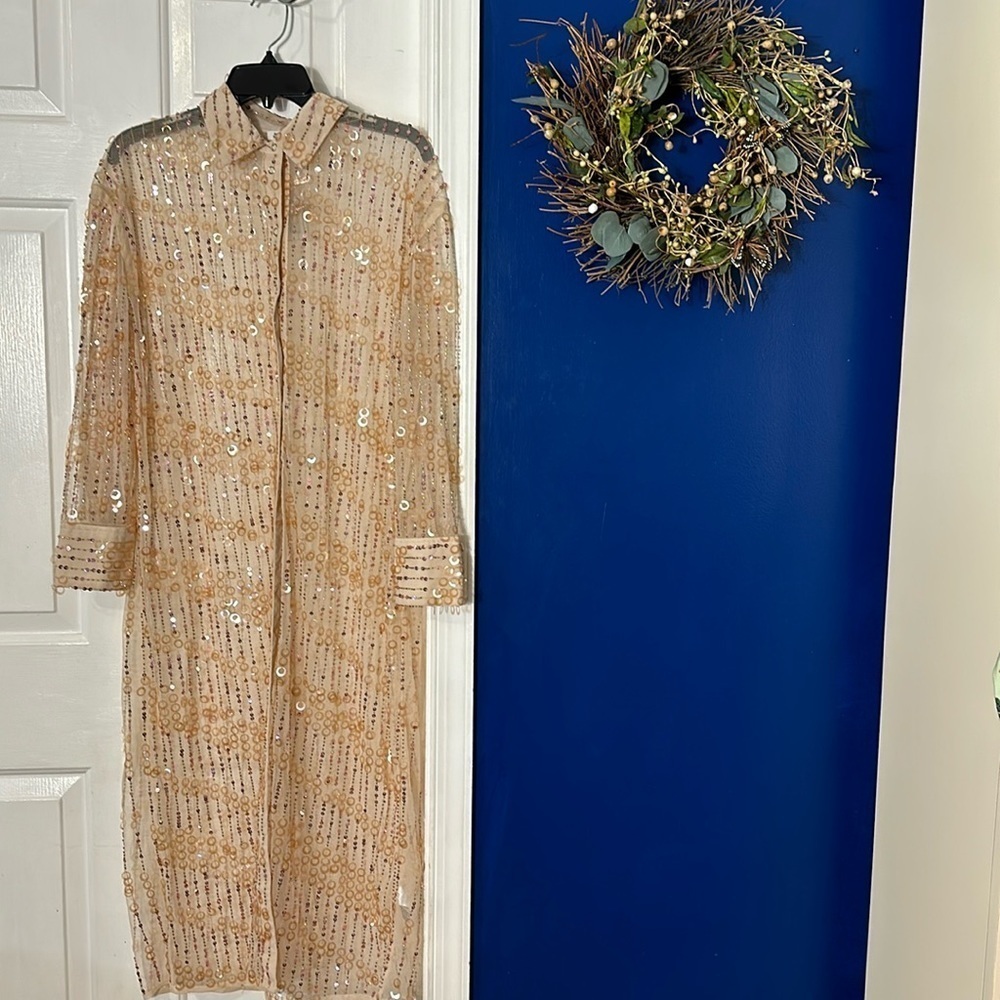 NWT Women’s River Island Pink Light Sequined Snap Up Sheer Shirt Dress Size S